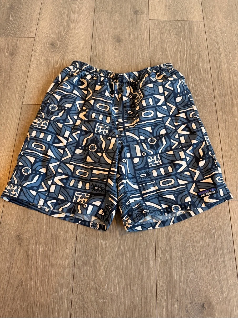 Patagonia Men’s Navy and White Geometric Swim Trunks